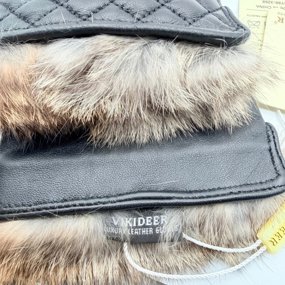 VIKIDEER Quilted Leather Gloves Women M Black Rabbit Fur Trim Cashmere Lined NEW